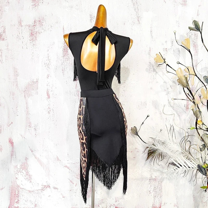 Black Open-Back Leotard & Leopard Print Fringe Skirt Latin Dance Costume Set