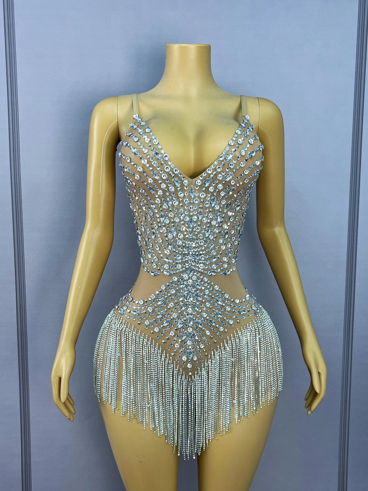 Flashing Crystal Rhinestone Chain Sheer Nude Mesh Stage Bodysuit Dance Leotard