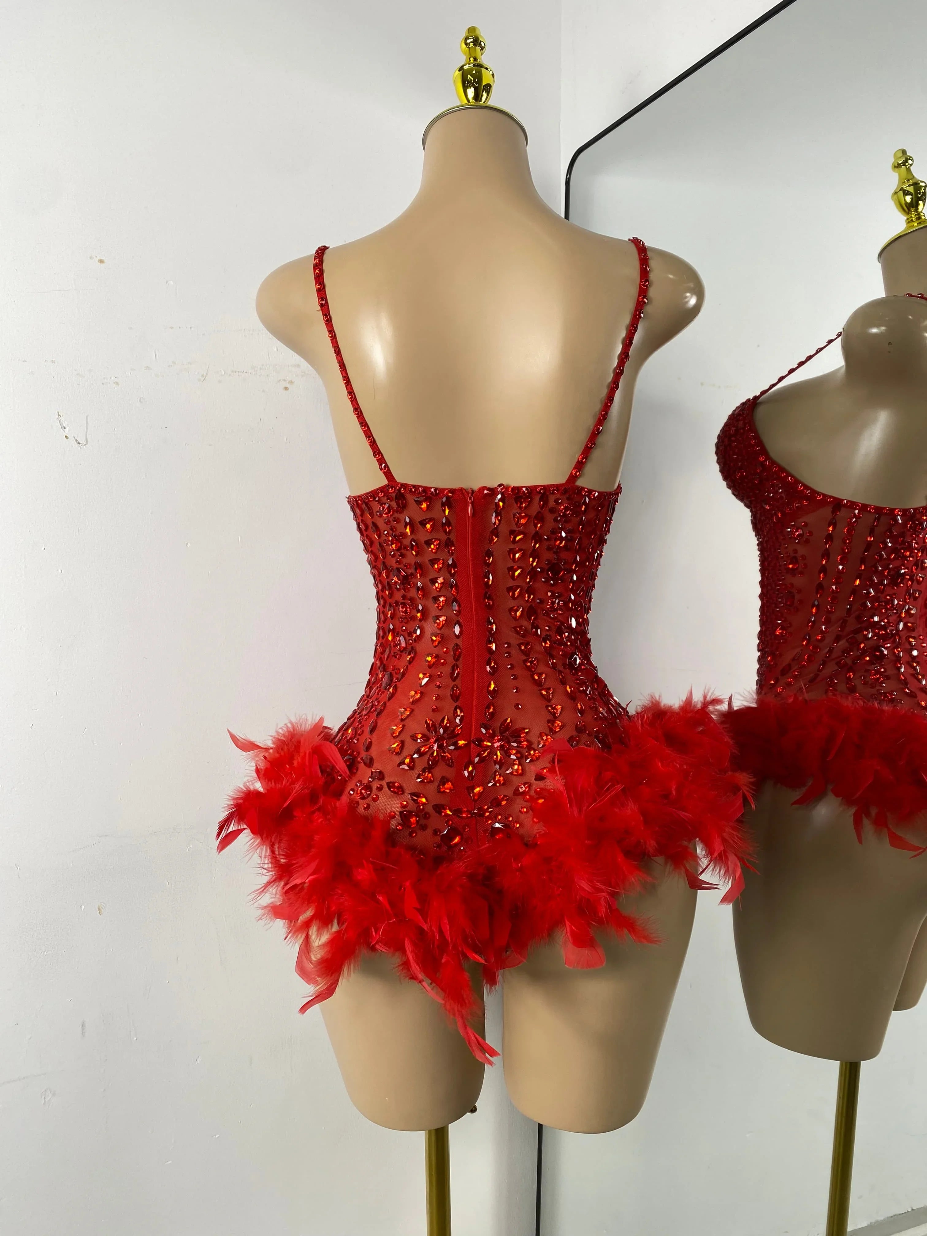 The Stardust Follies Feather Bodysuit – Luxury Rhinestone & Mesh Showgirl Costume