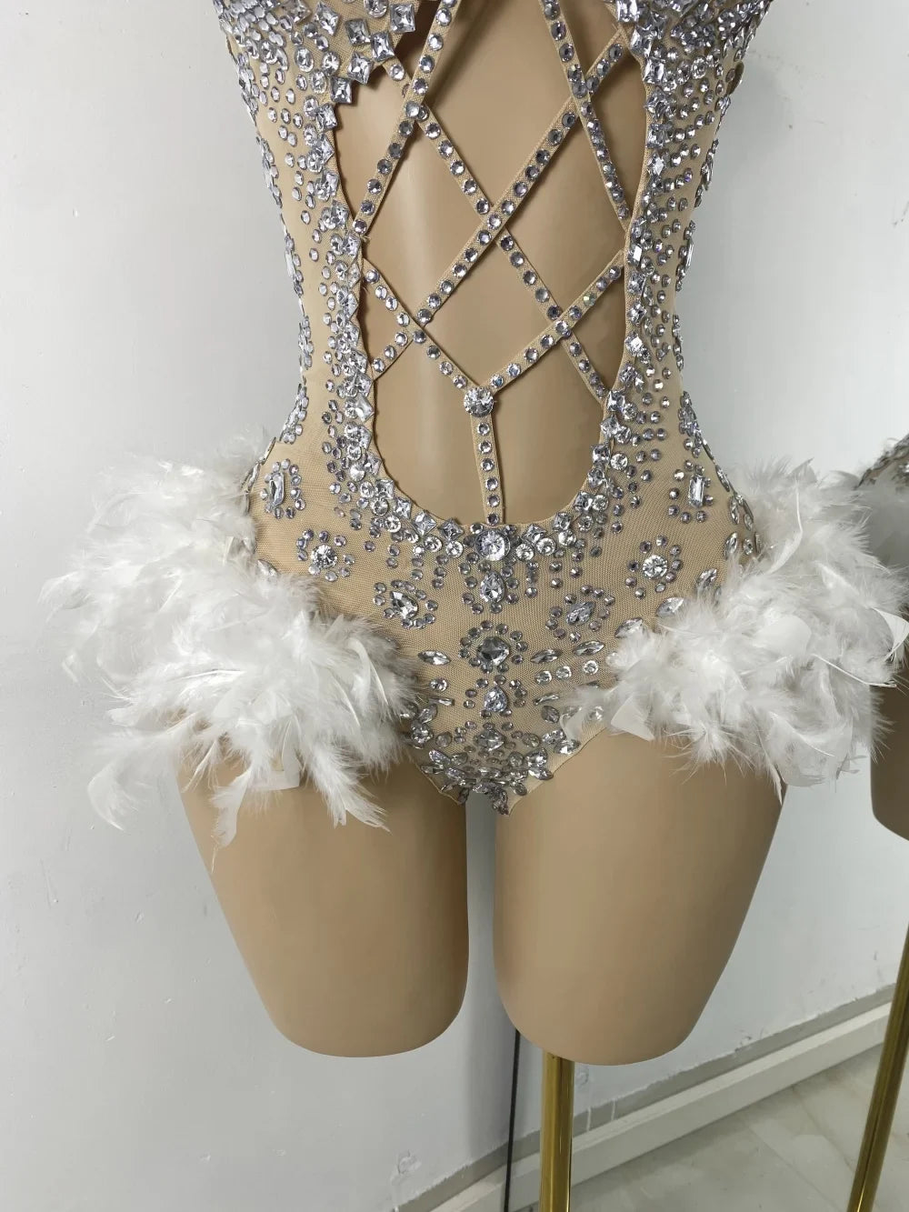 The Stardust Follies Feather Bodysuit – Luxury Rhinestone & Mesh Showgirl Costume