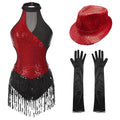 Sequined Fringe Latin Dance & Figure Skating Jumpsuit Leotard Set with Mesh Gloves
