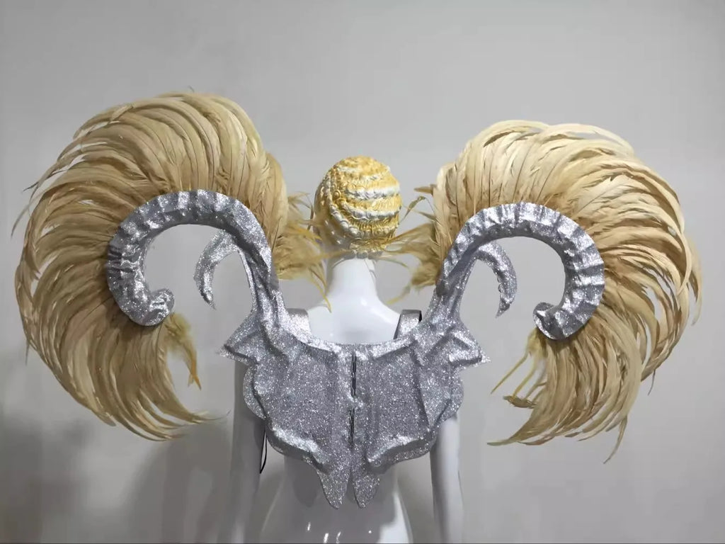 Showgirl Feather Wing Backpiece with Rhinestone Scroll Frames