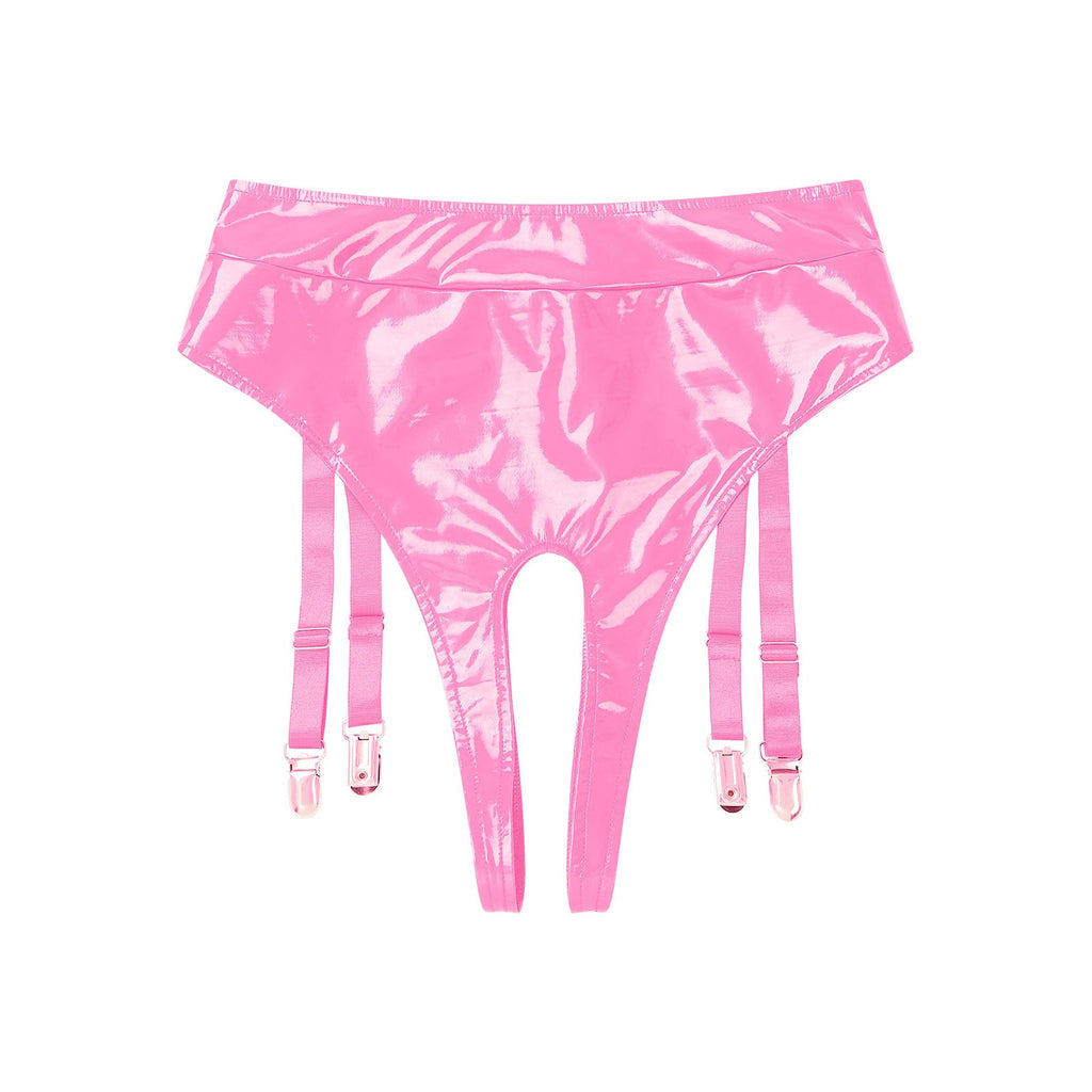 High-Waist Patent Leather Crotchless Thong & Garter Clip Lingerie