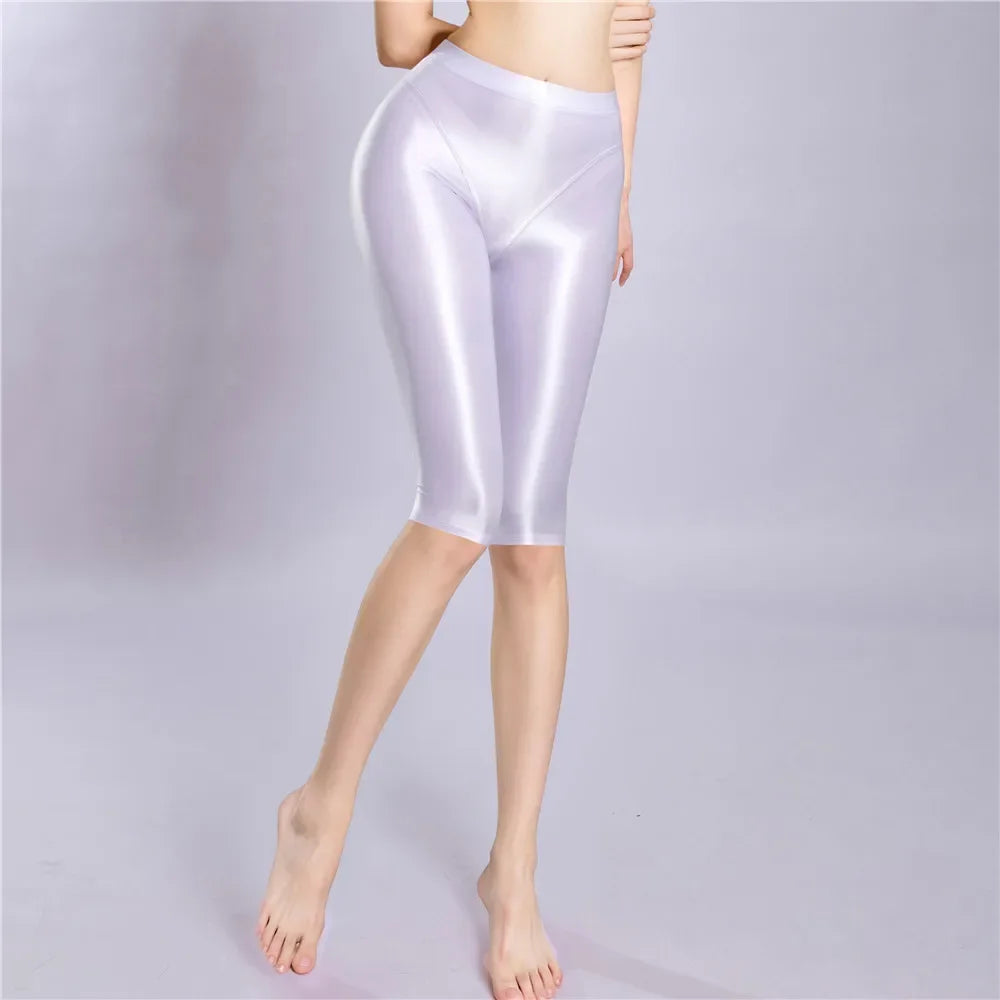 Women's Oil Glossy Sheer High-Waist Shaping Shorts Satin Smooth Leggings