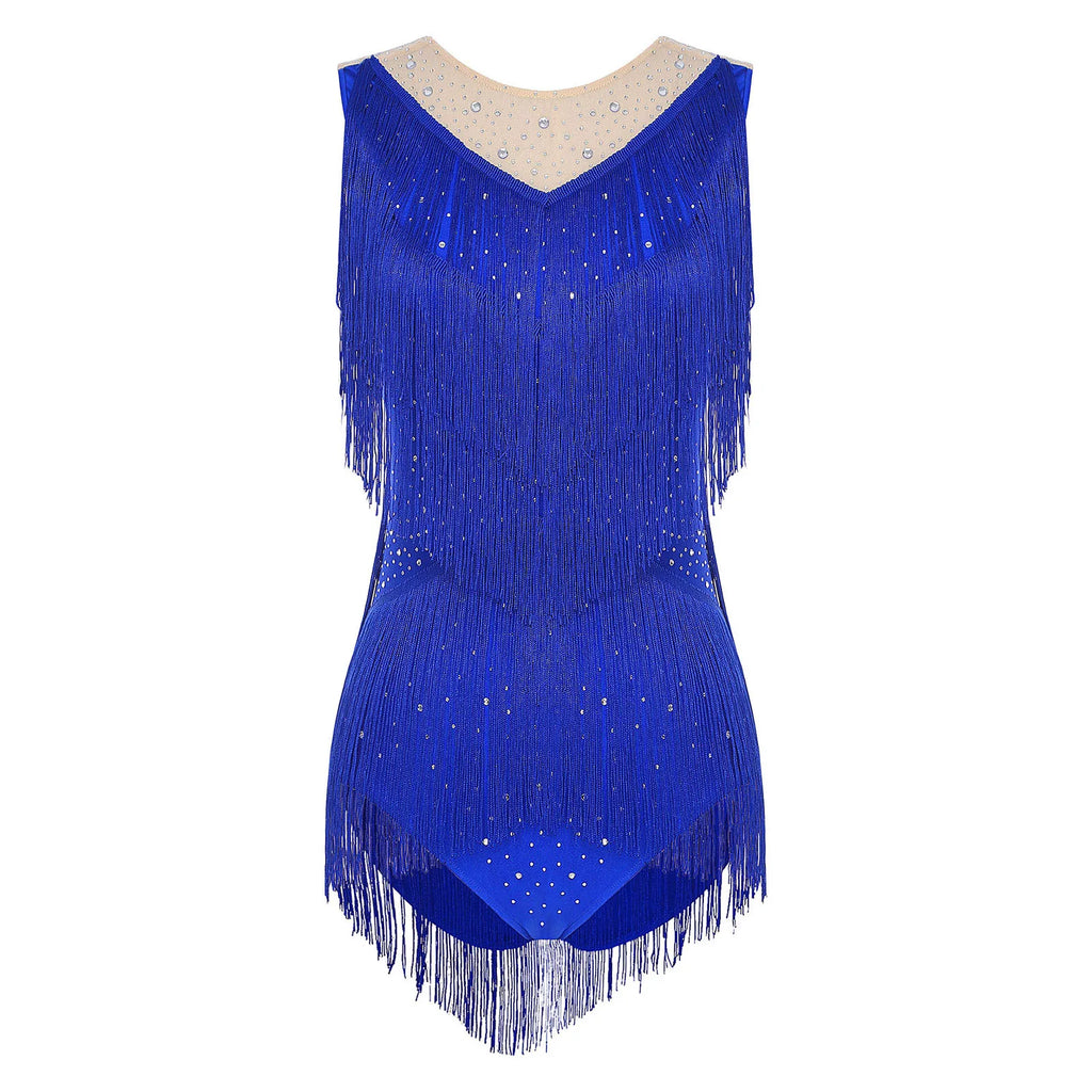Sparkly Rhinestone & Tassel Fringe Latin Dance Leotard Crew Neck Bodysuit