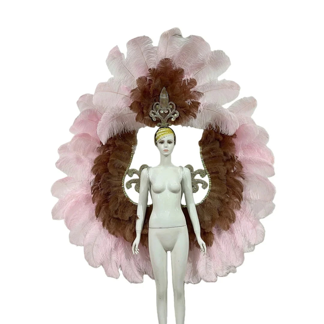 Two-Layer Feather Backpiece with Matching Rhinestone Headdress