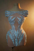 Sparkly Silver & Red Rhinestone Sleeveless Mini Dress Stage Costume