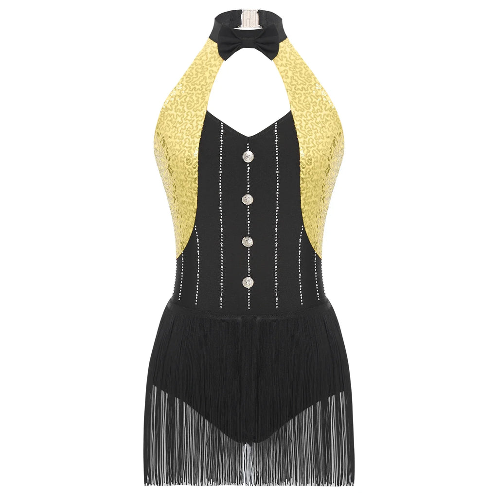 The Stardust Tuxedo Tassel Bodysuit – Luxury Sequins & Rhinestone Showgirl Leotard