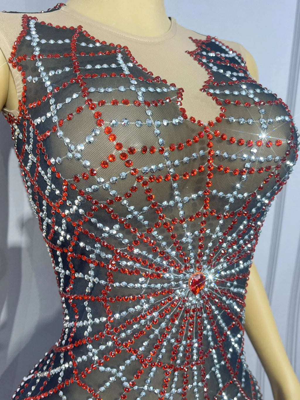 Spiderweb Rhinestone High-Cut Stage Bodysuit Halloween Dance Performance Leotard