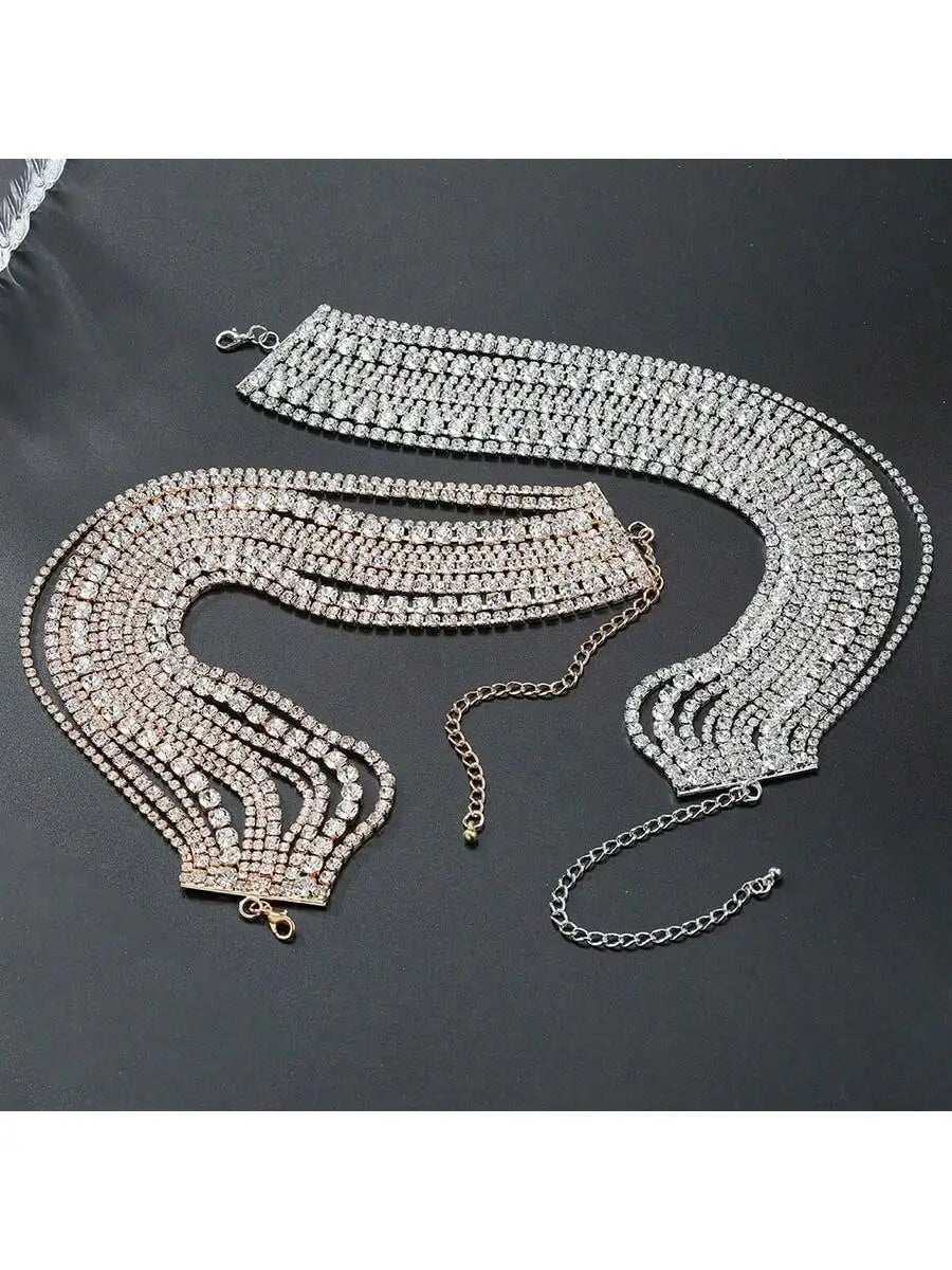 Multi Layered Rhinestone Chain Choker Necklace