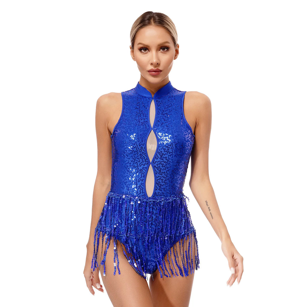 Glitter Sequin Fringe Latin Dance Leotard & Backless Performance Bodysuit