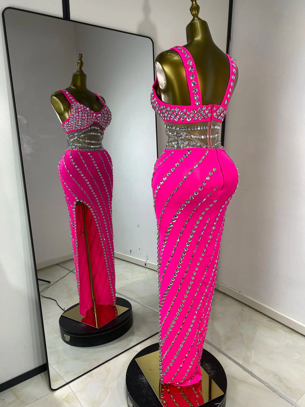 Hot Pink Rhinestone & Tulle Inset Open-Leg Maxi Evening Gown