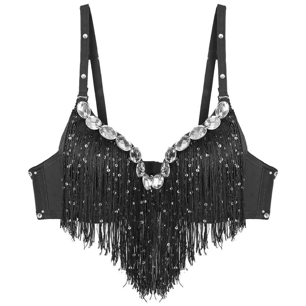 The Stardust Oasis Sirena – Sequined Tassel & Rhinestone Push-Up Belly Dance Bra Top