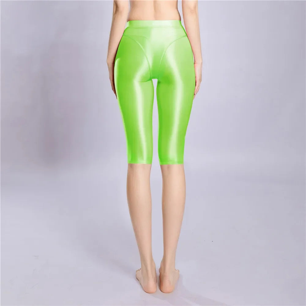 Women's Oil Glossy Sheer High-Waist Shaping Shorts Satin Smooth Leggings