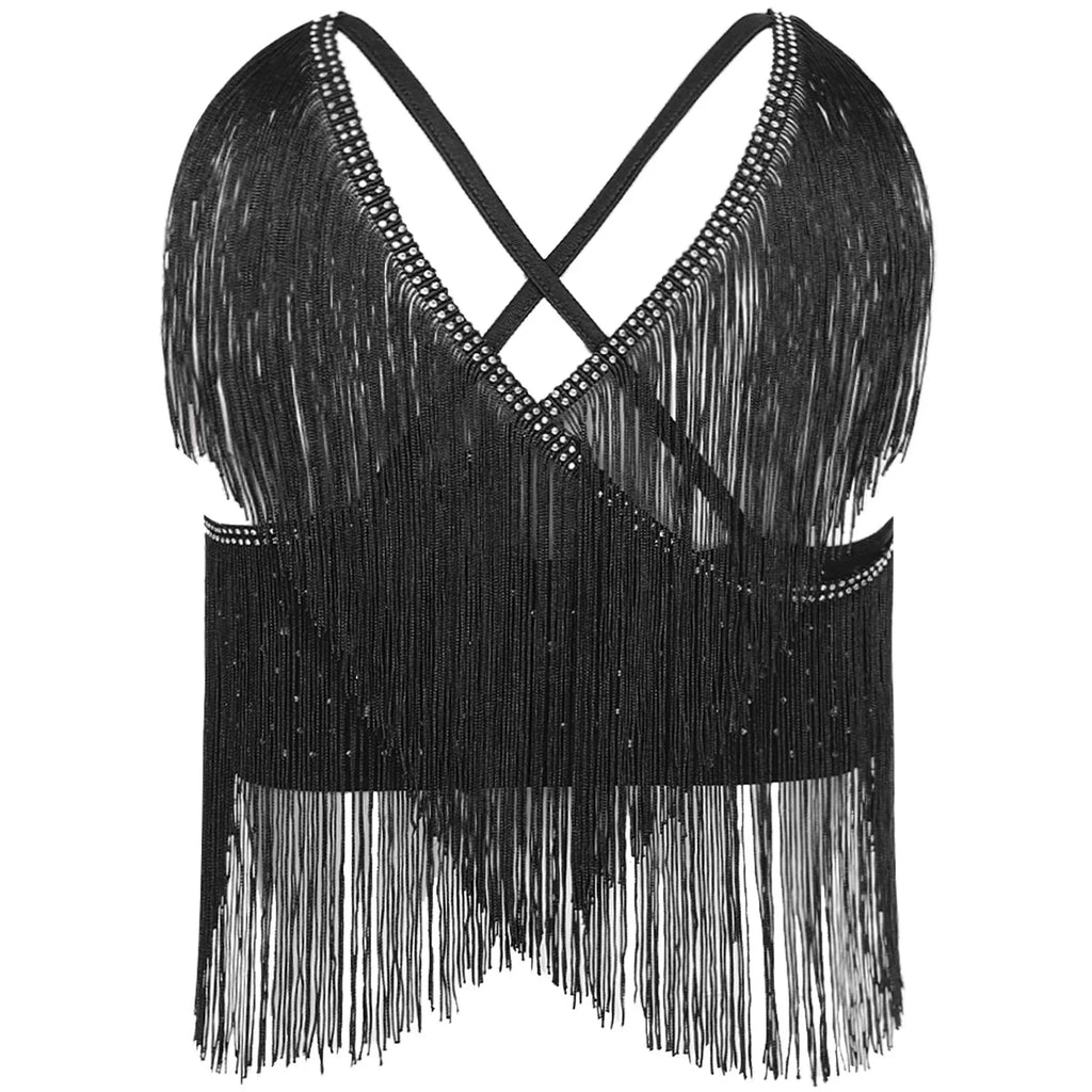 V-Neck Crisscross Back Tassel Fringe Crop Top Latin Salsa Dance Costume