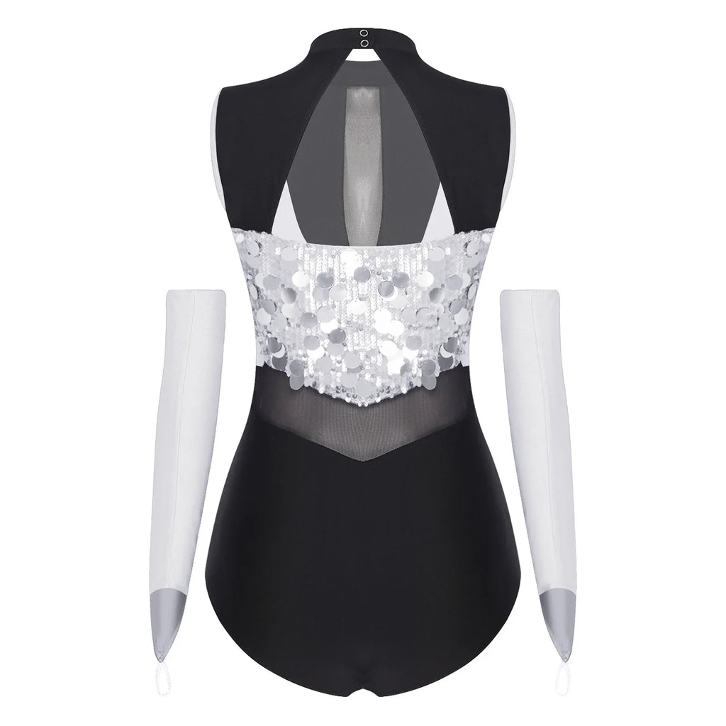 Sparkly Sequin Mock Neck Dance Leotard & Gloves Two-Piece Bodysuit Set