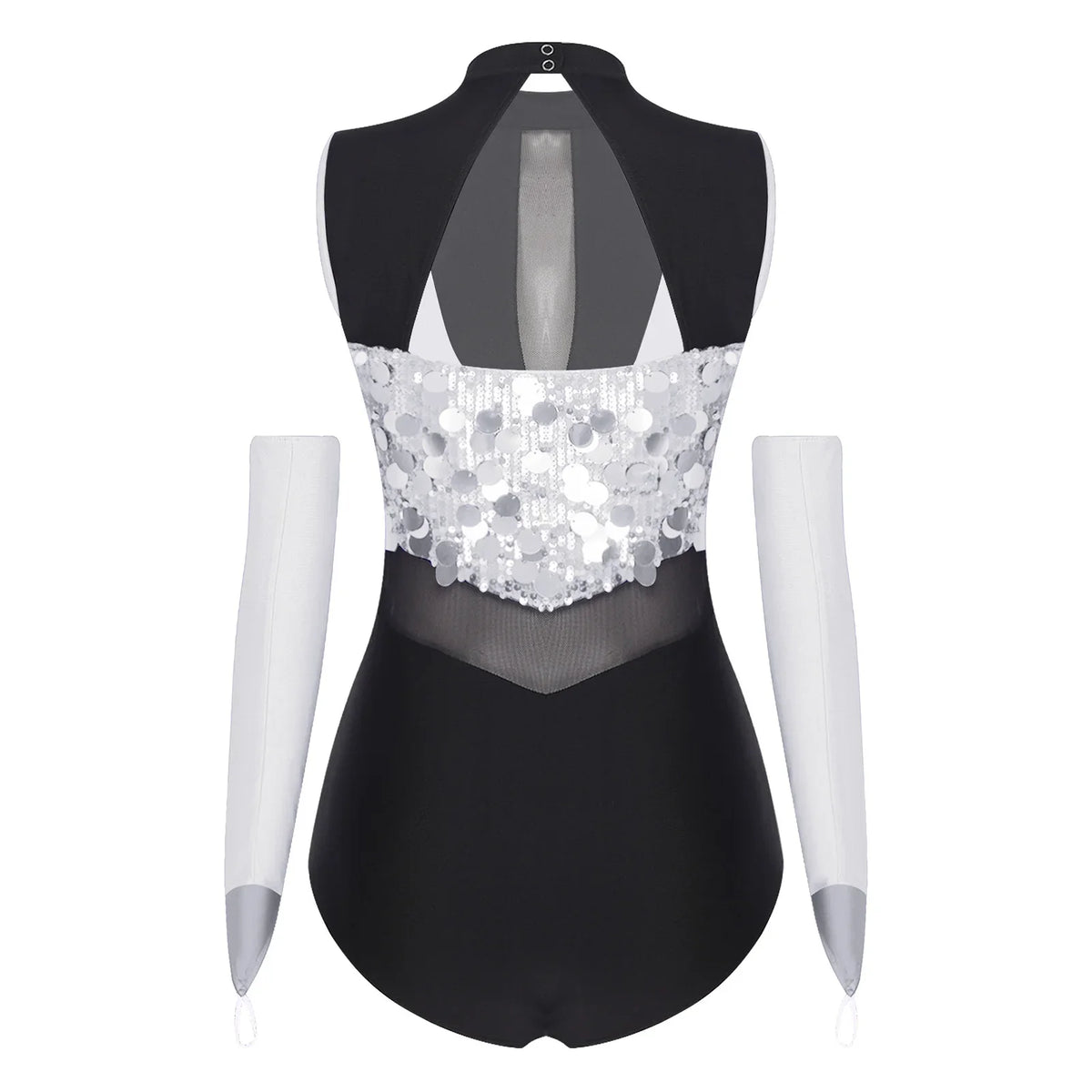 Sparkly Sequin Mock Neck Dance Leotard & Gloves Two-Piece Bodysuit Set