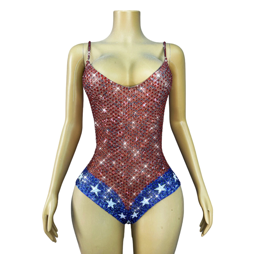 Twinkling Rhinestone Stars High-Cut Stage Bodysuit Dance Performance Leotard