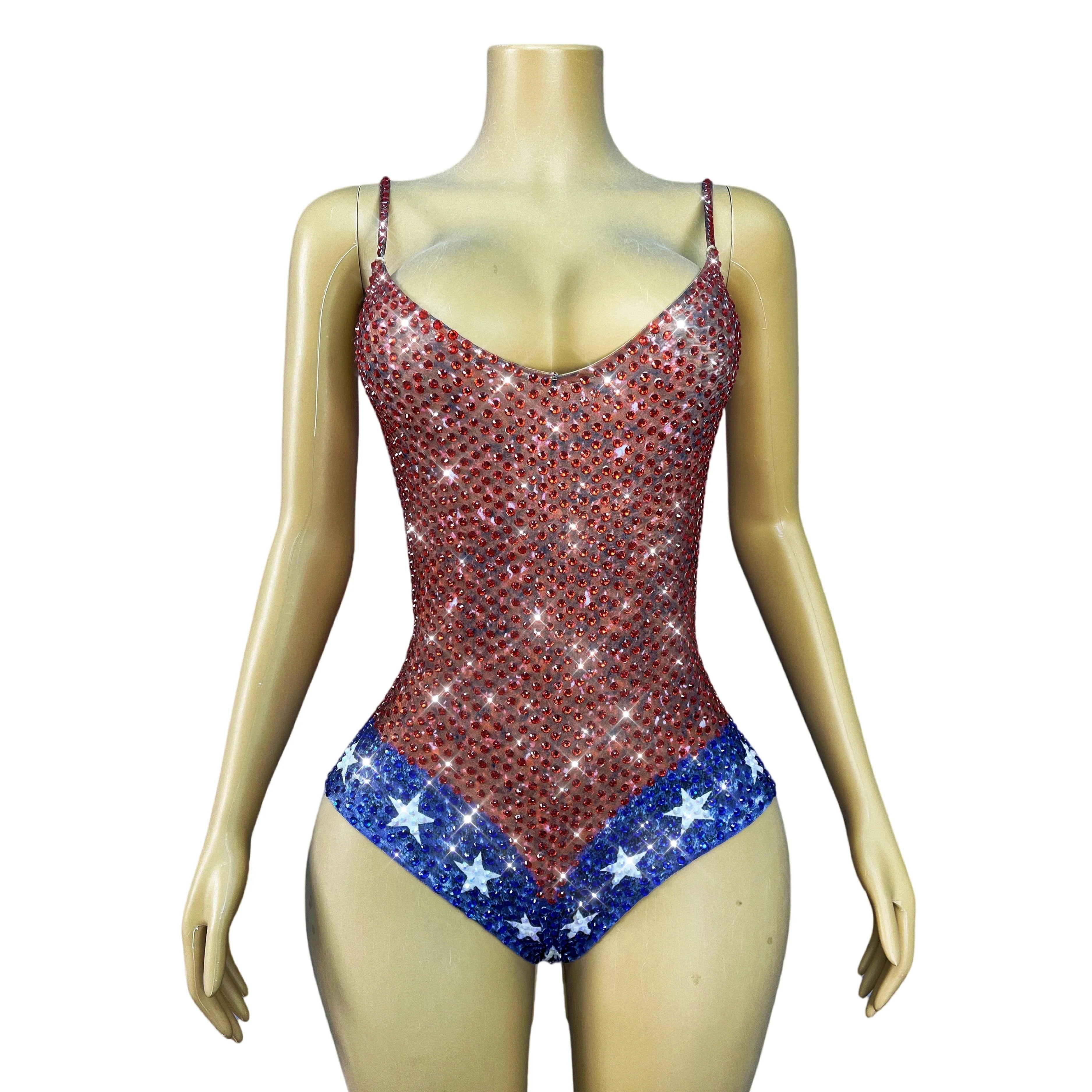 Twinkling Rhinestone Stars High-Cut Stage Bodysuit Dance Performance Leotard
