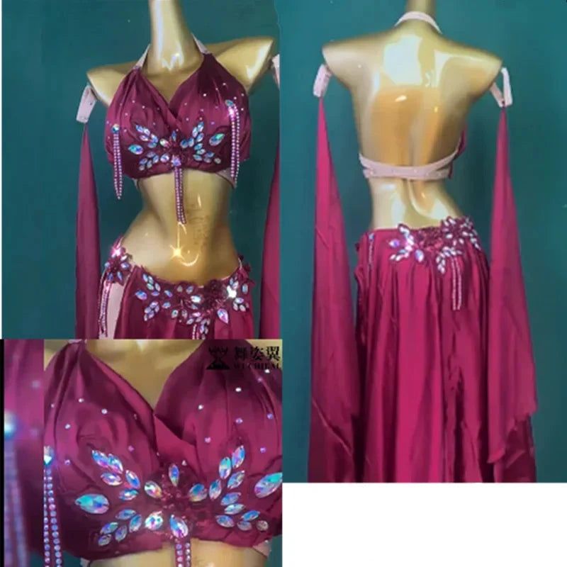 Rhinestone Studded Top & High-Slit Long Skirt Belly Dance Performance Set
