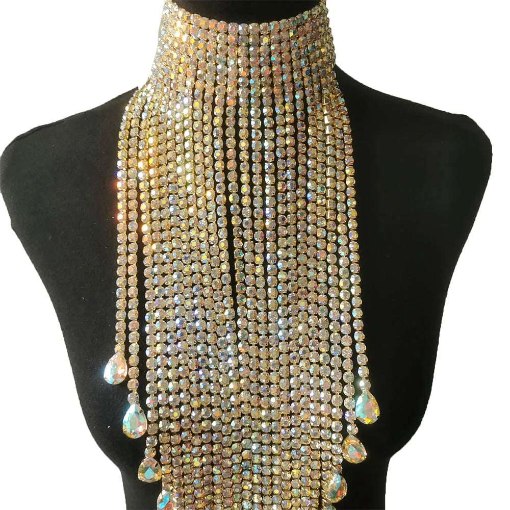 Luxury Rhinestone Long Tassel Statement Choker – Waist-Length Crystal Drop Necklace for Weddings, Galas & High-Fashion Clubwear