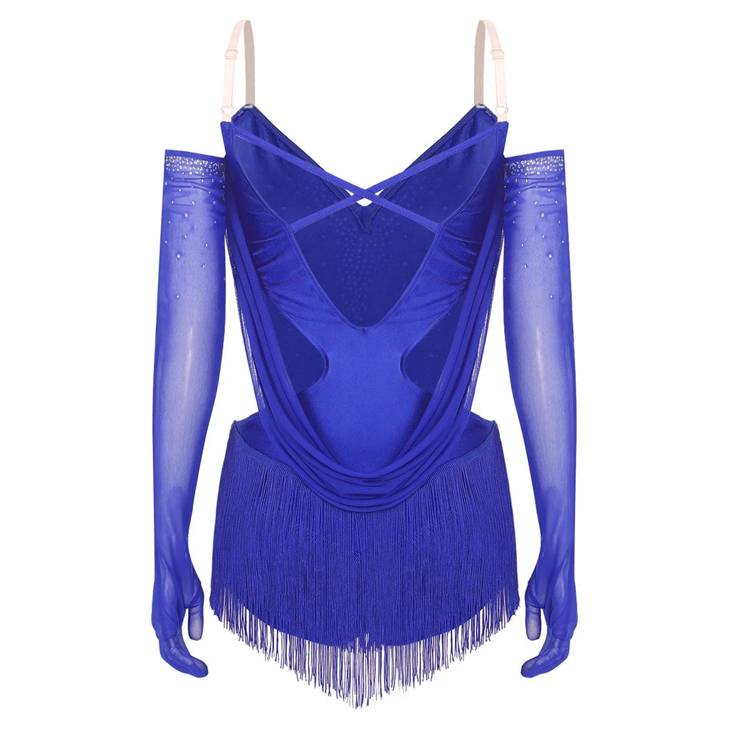 Sparkly Rhinestone & Tassel Fringe Dance Leotard with Gloves Two-Piece Stage Costume