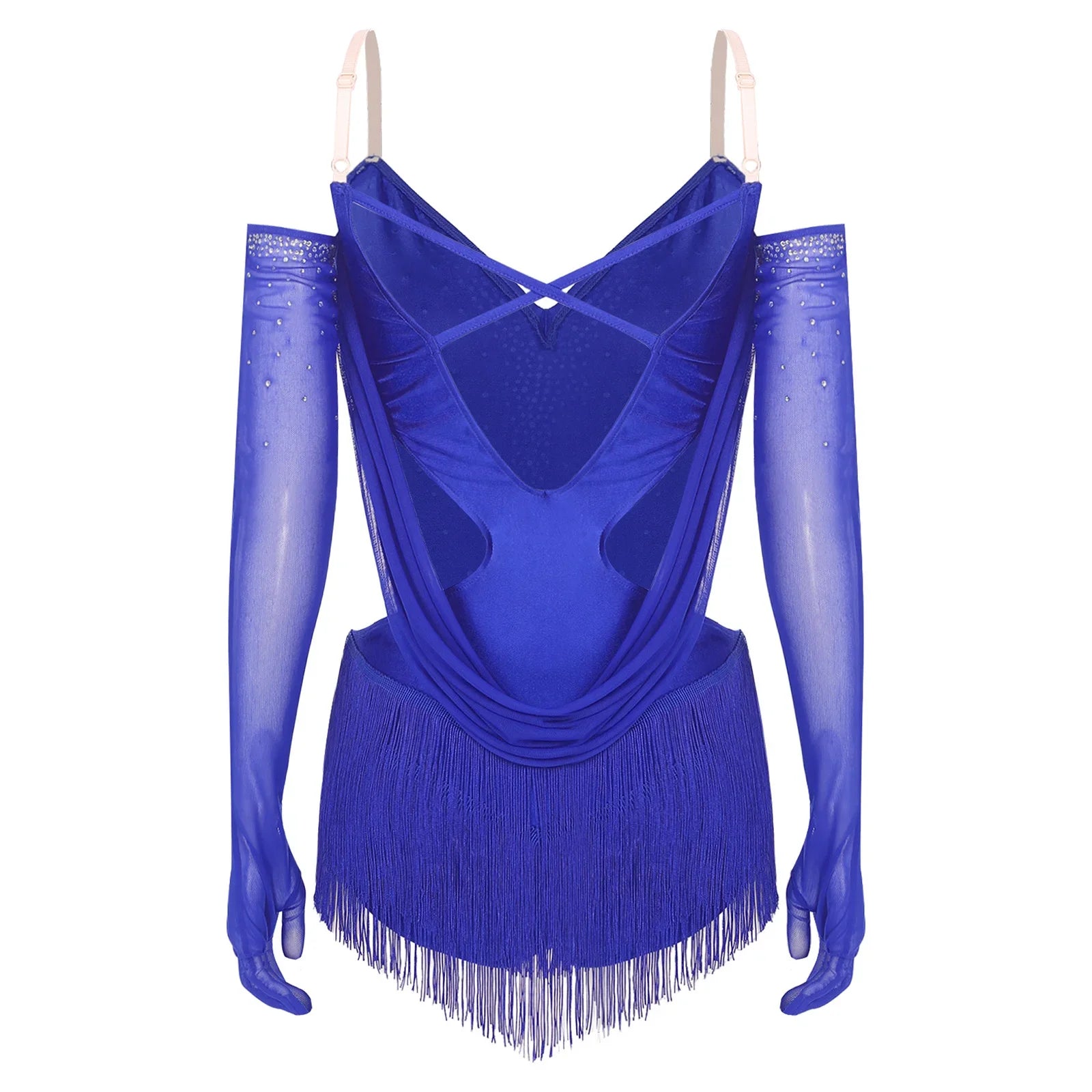Sparkly Rhinestone & Tassel Fringe Dance Leotard with Gloves Two-Piece Stage Costume