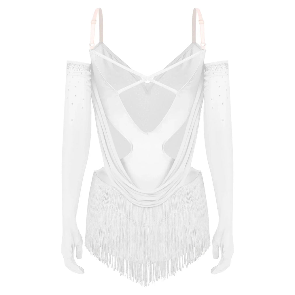 Sparkly Rhinestone & Tassel Fringe Dance Leotard with Gloves Two-Piece Stage Costume