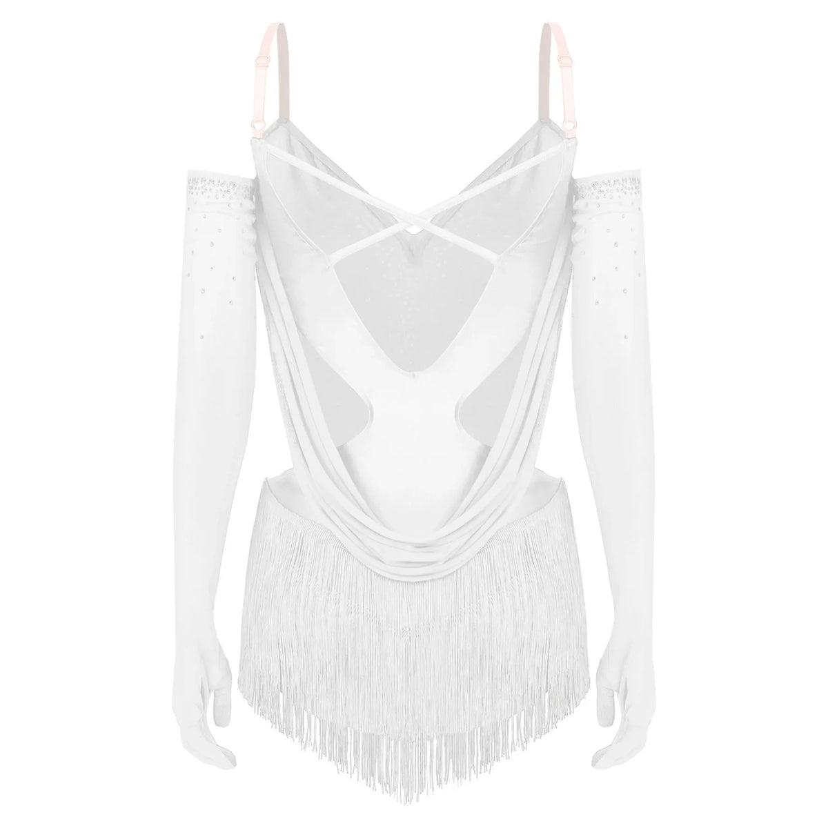 Sparkly Rhinestone & Tassel Fringe Dance Leotard with Gloves Two-Piece Stage Costume