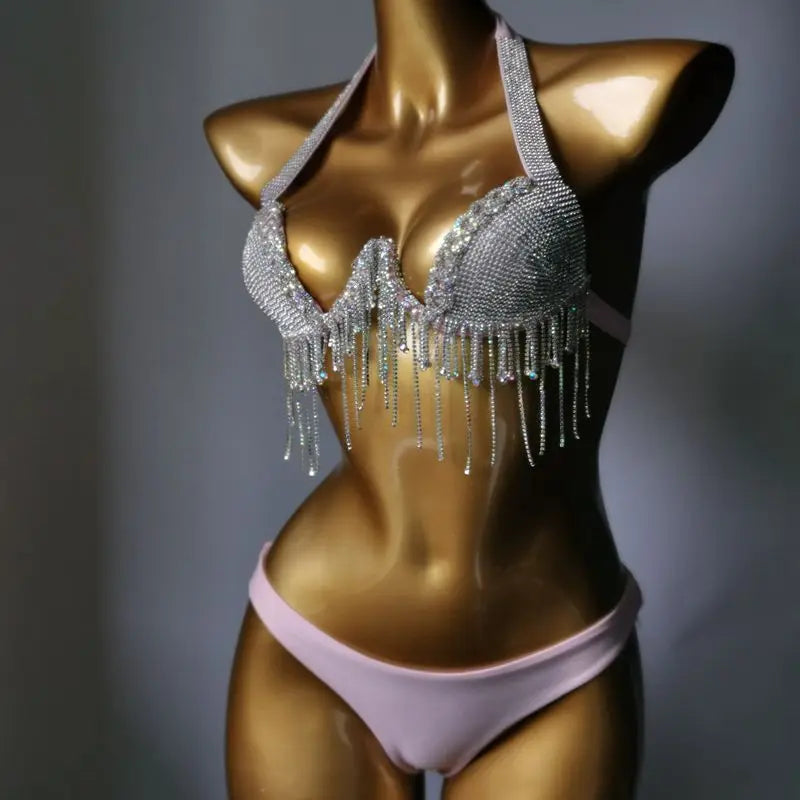 High-Fashion Crystal Mesh Bikini Set – Dazzling Rhinestone Bling Swimsuit & Showgirl Swimwear for Stage Performances & Raves