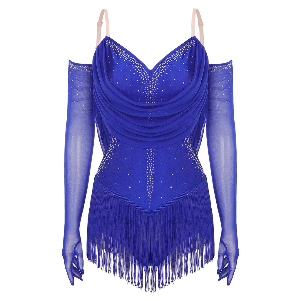 Sparkly Rhinestone & Tassel Fringe Dance Leotard with Gloves Two-Piece Stage Costume