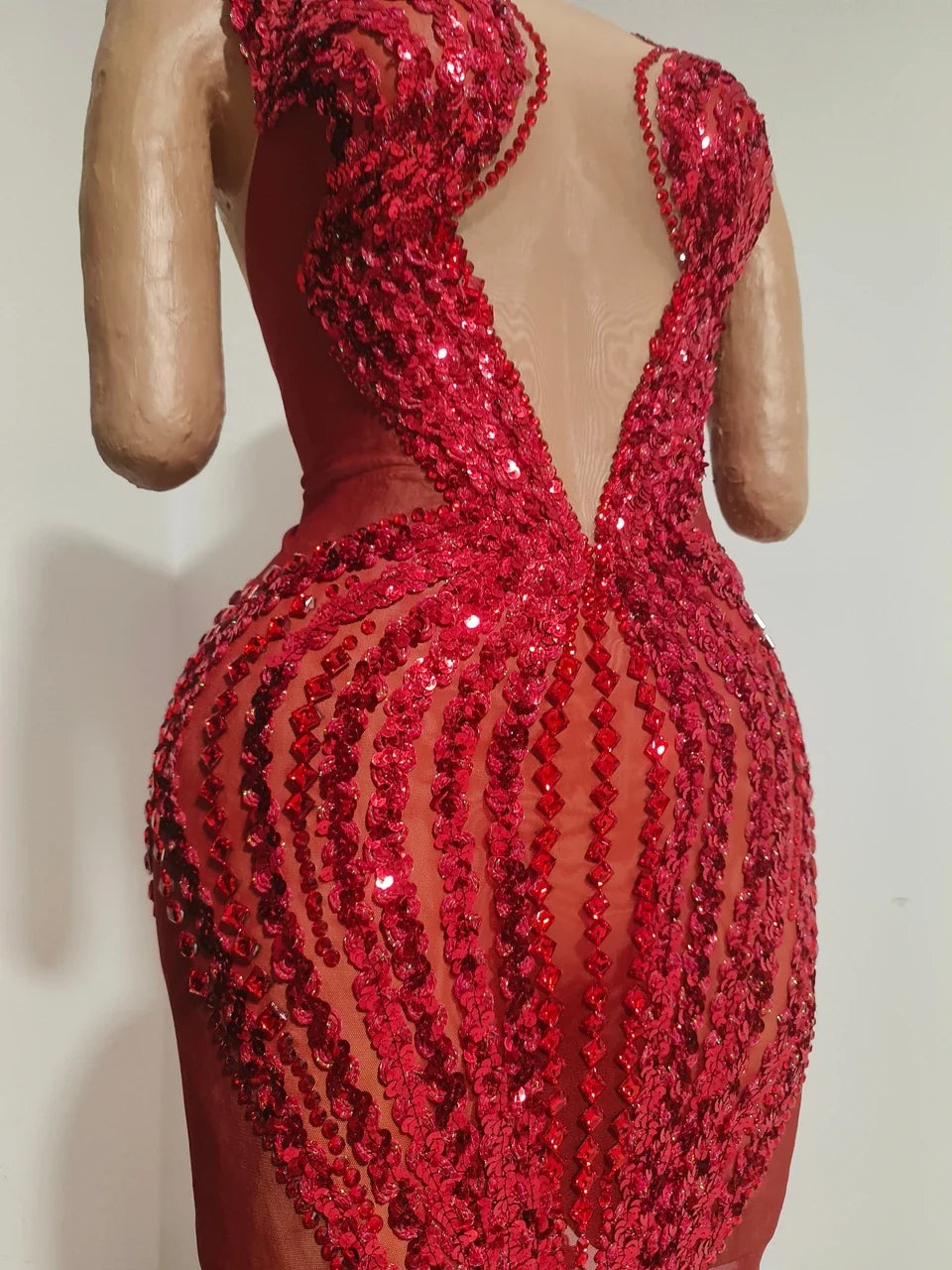 Sparkly Red Rhinestone & Sequin Sleeveless Sheer Mini/Long Dress Stage Costume