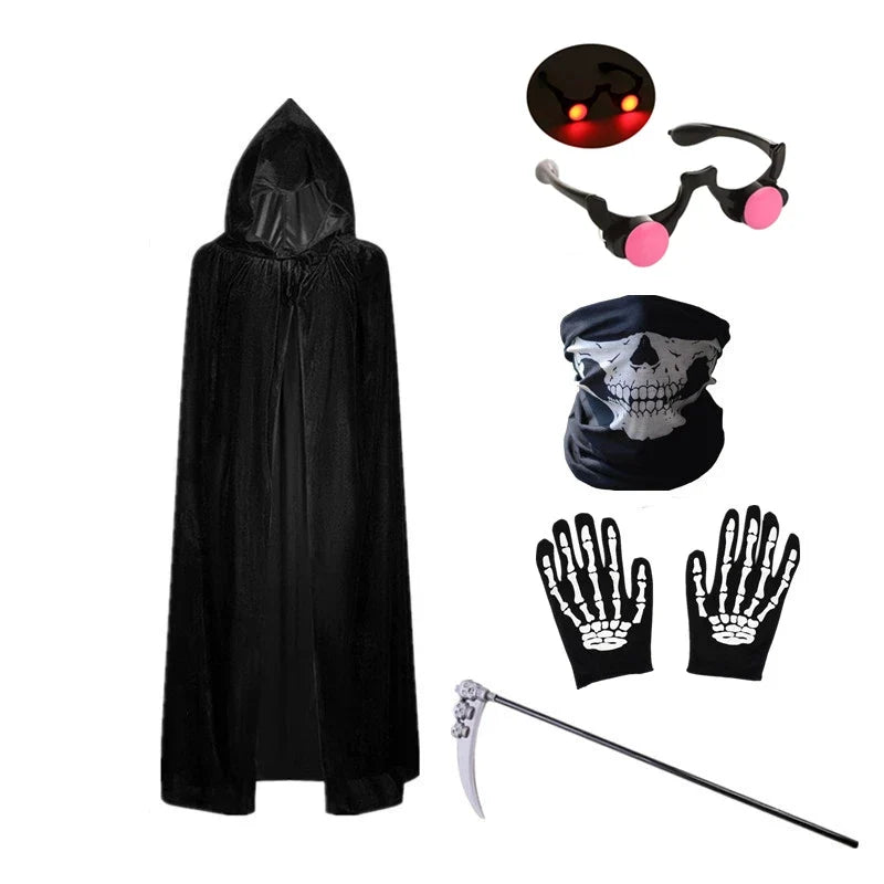 Kids Grim Reaper Costume with Glowing Red Eyes – Halloween Scary Outfit