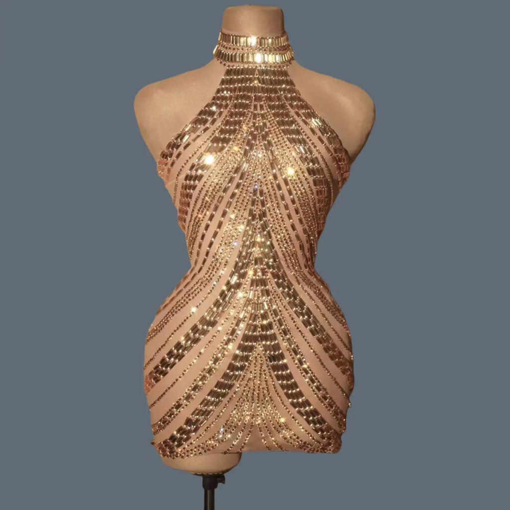 Sparkly Rhinestone High-Neck Sheath Mini Dress Stage Dance Costume
