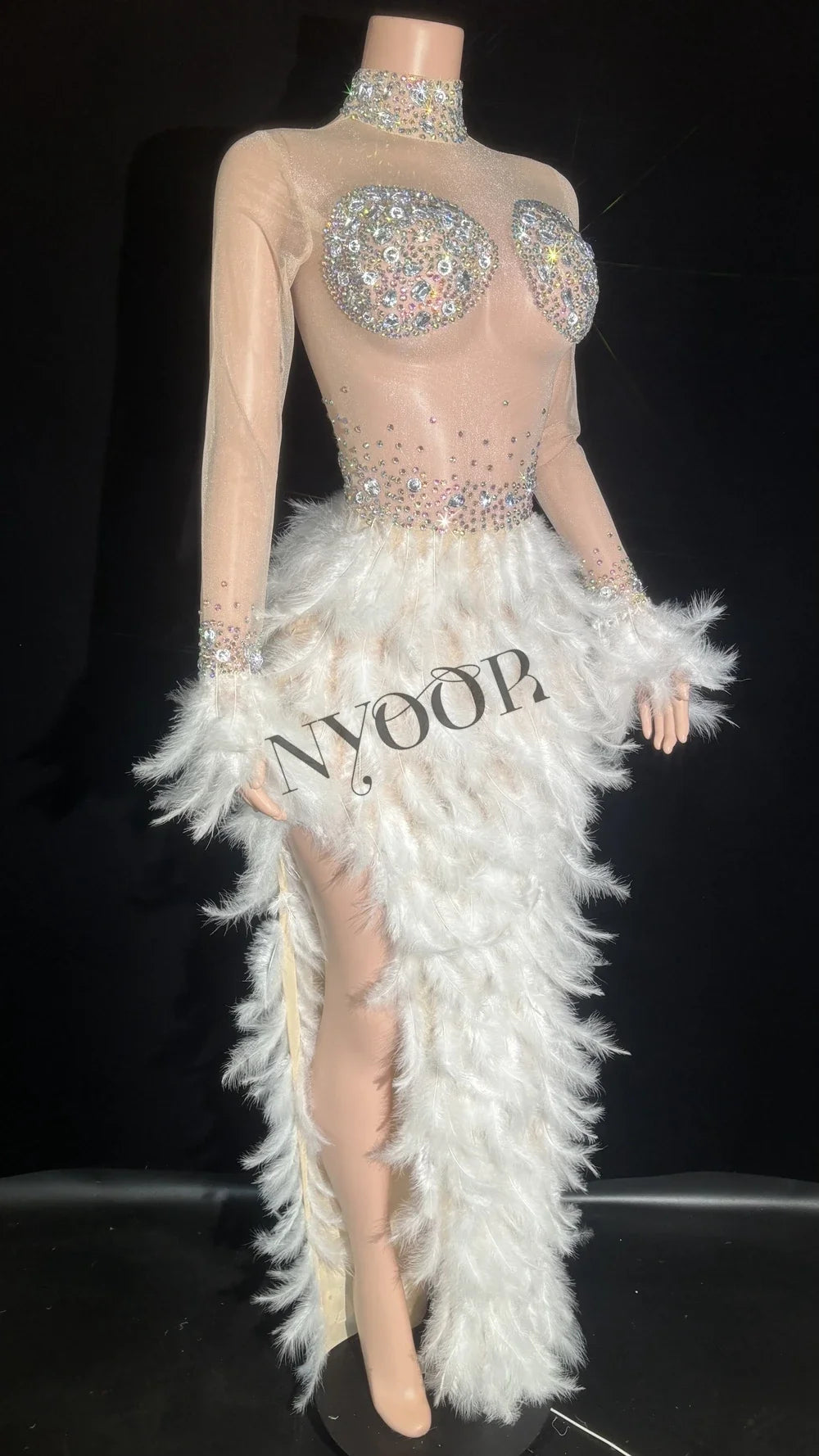 Sparkly White Rhinestone & Feather Sheer Mesh Long Evening Gown Stage Costume