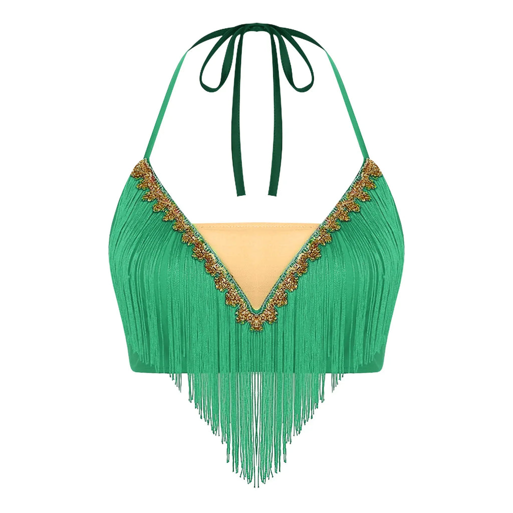 Gold Trim Halter Lace-Up Crop Top & Tiered Tassel Skirt Belly Dance Outfit