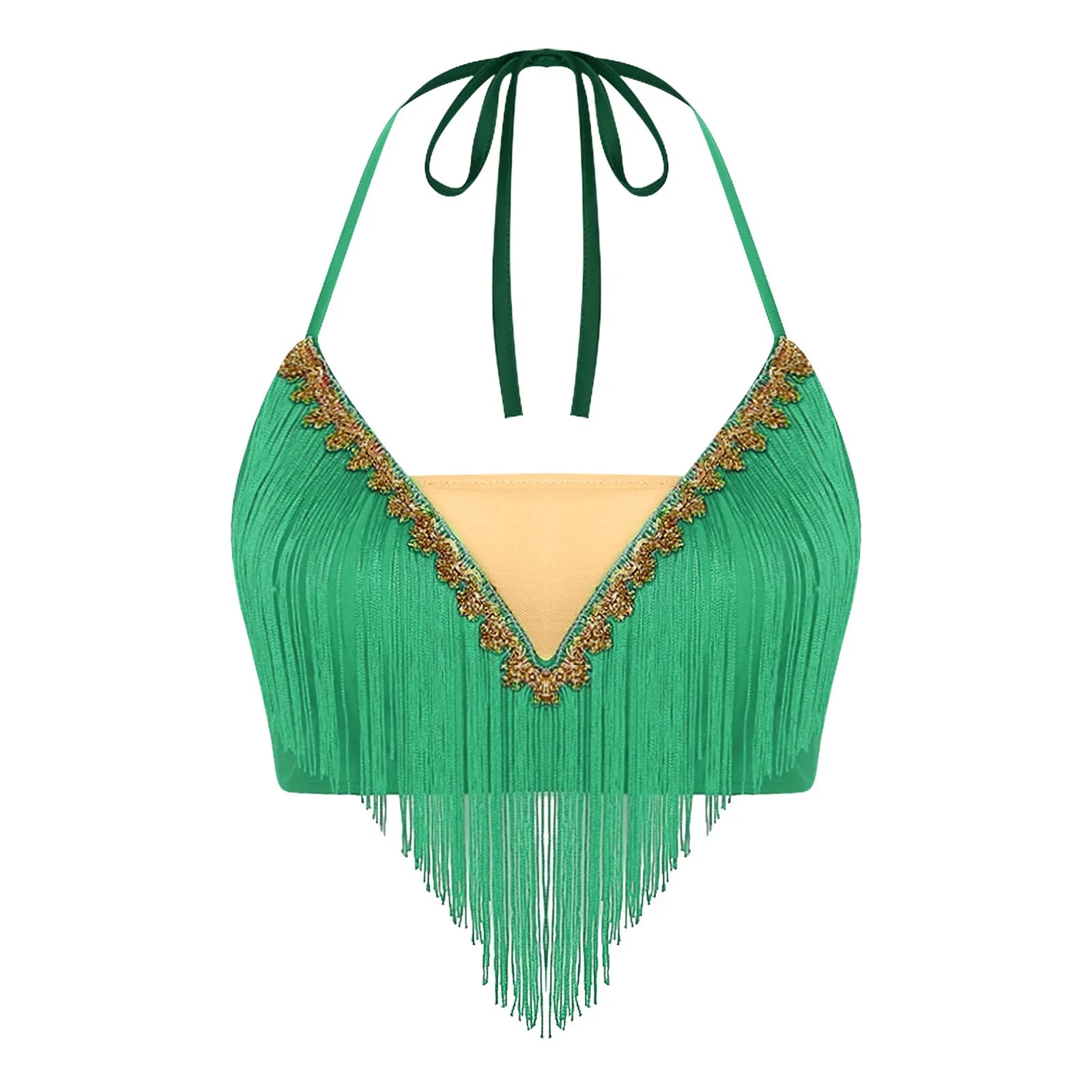 Gold Trim Halter Lace-Up Crop Top & Tiered Tassel Skirt Belly Dance Outfit