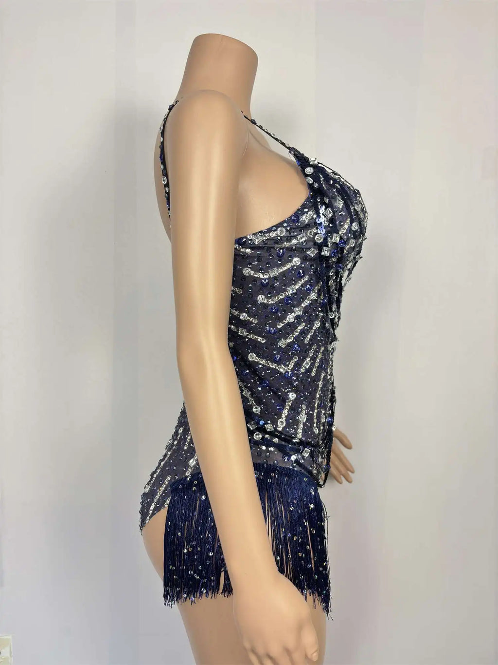 Sparkly Rhinestone Tassel Fringe Dance Leotard Nightclub Stage Performance Bodysuit