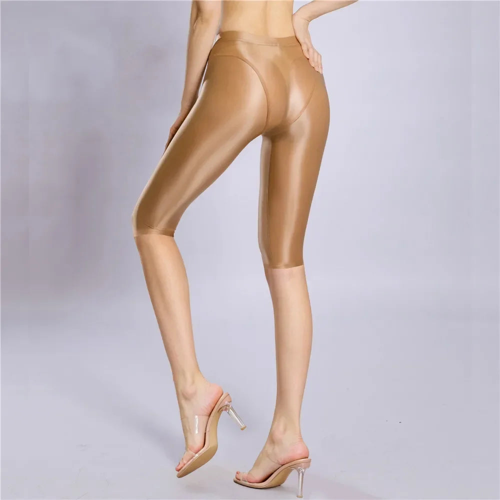 Women's Oil Glossy Sheer High-Waist Shaping Shorts Satin Smooth Leggings