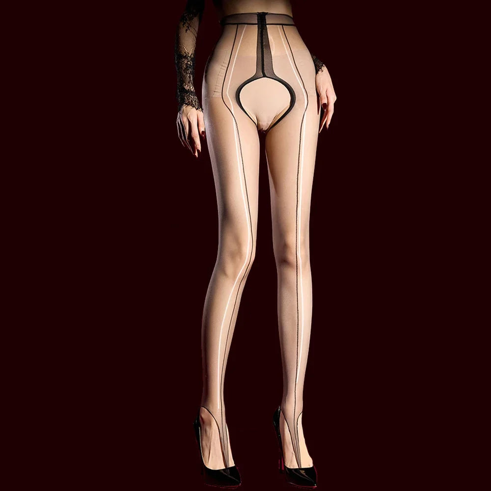 6D 912-Pin Heart Hollow-Out Sheer Oil Glossy Shaping Pantyhose Shiny Tights