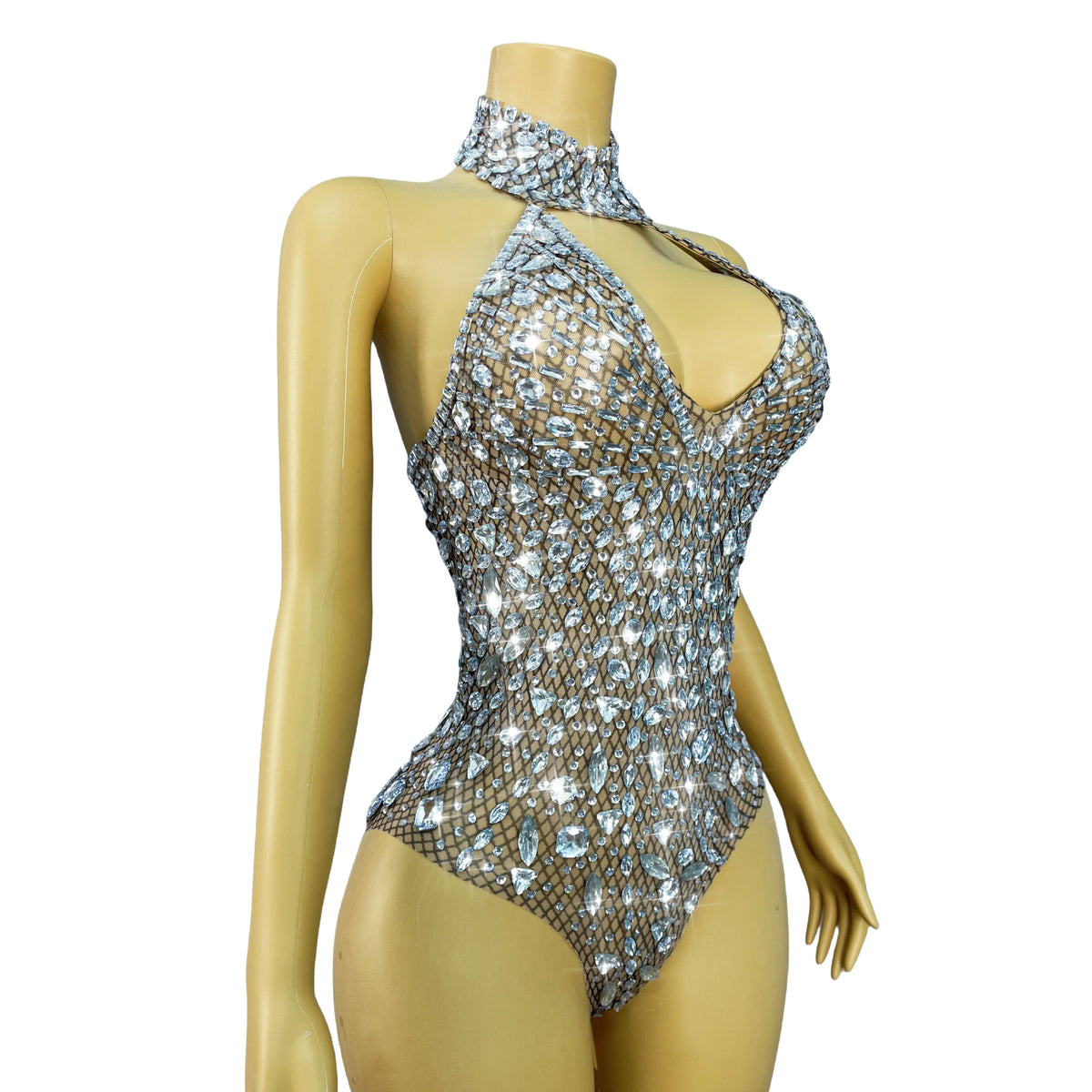 Silver Rhinestone High-Cut Backless Stage Bodysuit Dance Performance Leotard