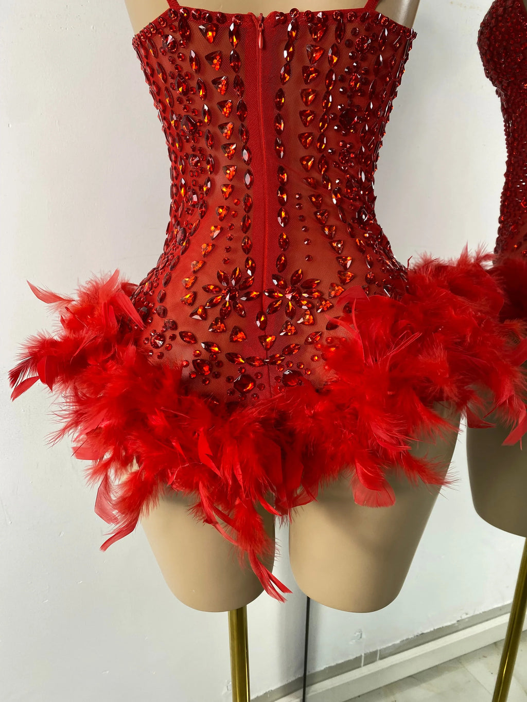 The Stardust Follies Feather Bodysuit – Luxury Rhinestone & Mesh Showgirl Costume
