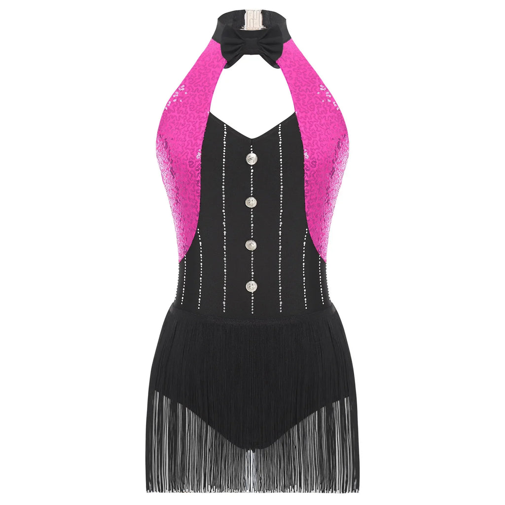 The Stardust Tuxedo Tassel Bodysuit – Luxury Sequins & Rhinestone Showgirl Leotard
