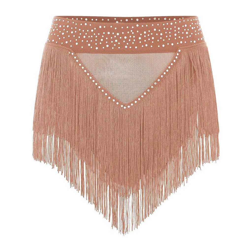 Rhinestone Tassel High-Waist Dance Shorts & Sheer Mesh Fringe Skirt