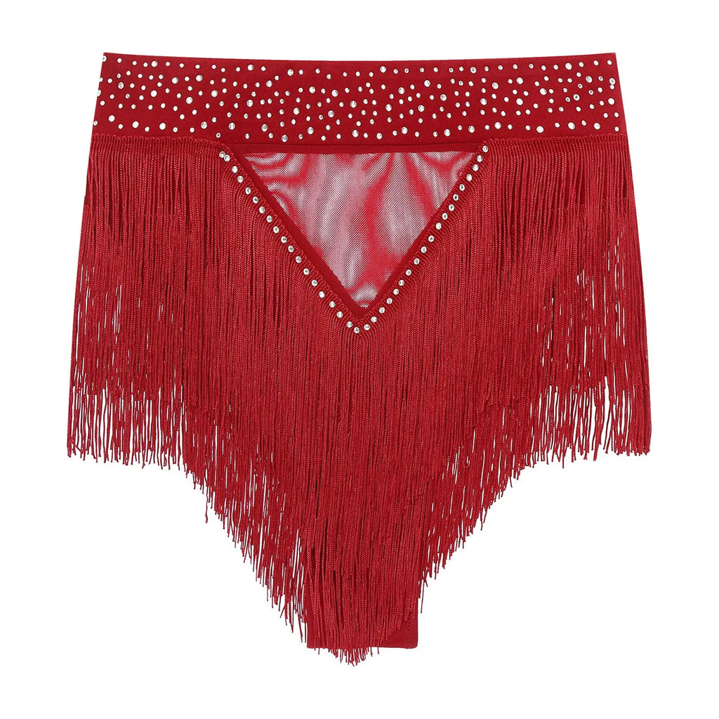 Rhinestone Tassel High-Waist Dance Shorts & Sheer Mesh Fringe Skirt