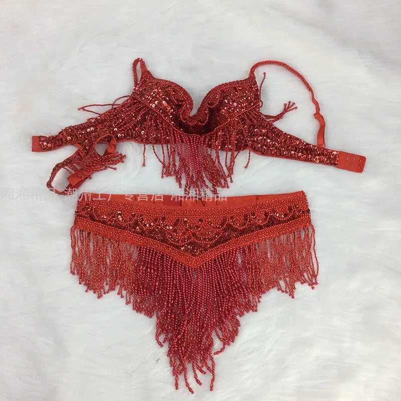 The Stardust Cabaret 2-Piece Ensemble – Luxury Sequin Fringe Bra & Belt Set