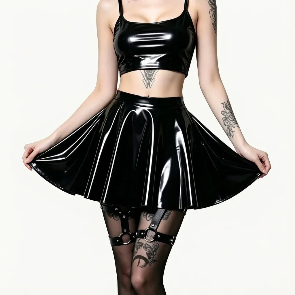Gothic PU Leather PVC Shiny Flared Pleated Mini A-Line Skirt