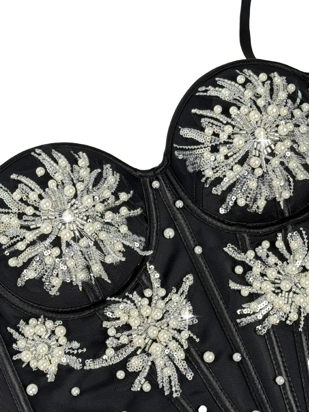 Pearl & Sequin Embroidered Floral Bustier Corset Top Asymmetric Camisole Bralette
