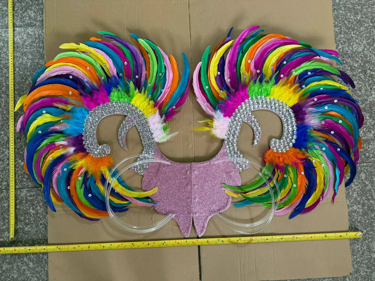 Showgirl Feather Wing Backpiece with Rhinestone Scroll Frames