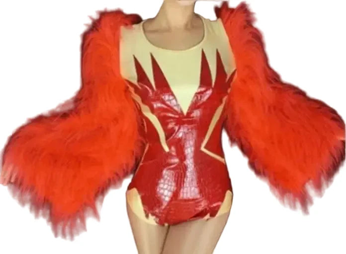 Sultry Red Feather Showgirl Bodysuit & Stage Costume Set